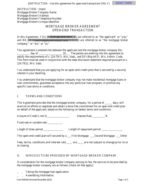 Form MB303 Mortgage Broker Agreement -open-End Transaction - Wisconsin