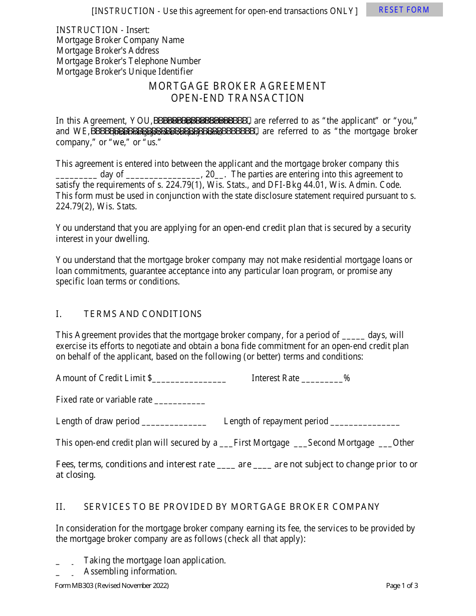 Form MB303 Mortgage Broker Agreement -open-End Transaction - Wisconsin, Page 1