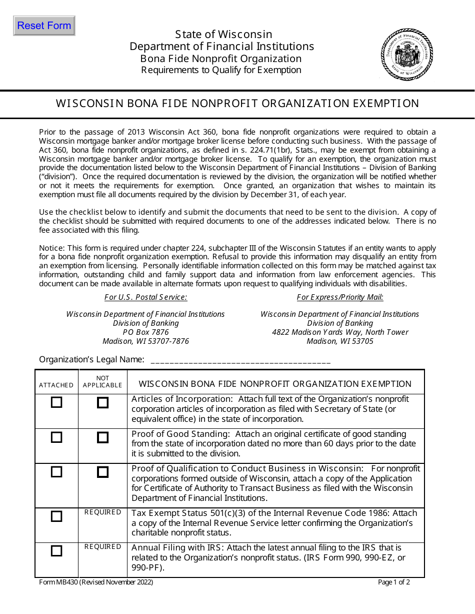 Form MB430 Wisconsin Bona Fide Nonprofit Organization Exemption - Wisconsin, Page 1