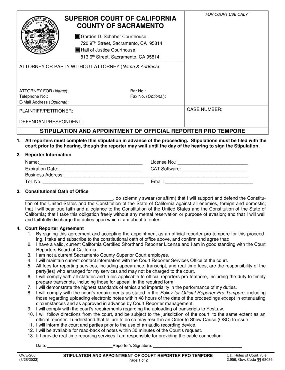 Form CV / E-206 Stipulation and Appointment of Official Reporter Pro Tempore - County of Sacramento, California, Page 1
