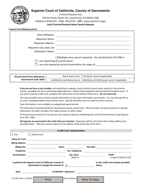Form CR-278A Local Criminal Records Name Search Request - County of Sacramento, California