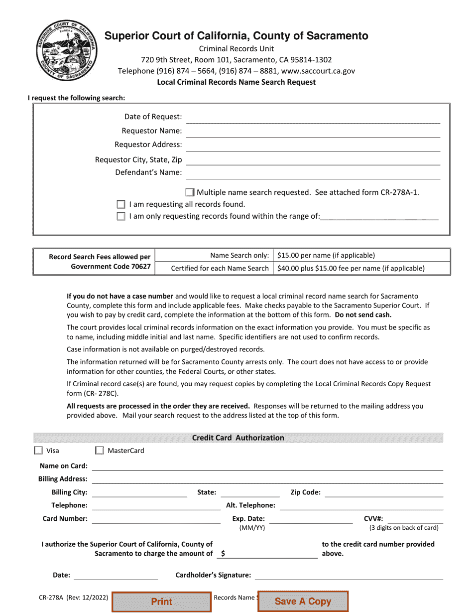 Form CR-278A Local Criminal Records Name Search Request - County of Sacramento, California, Page 1