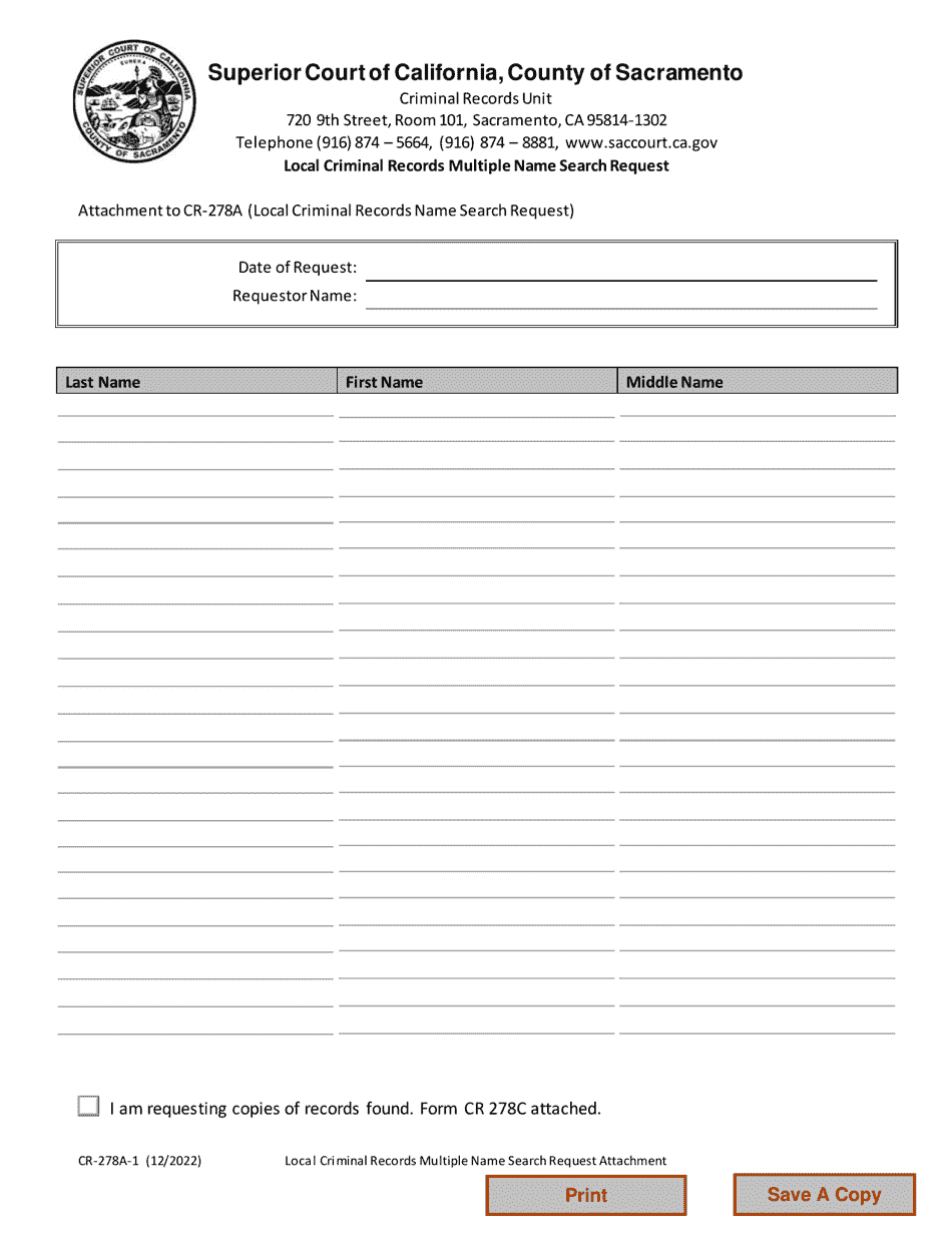 Form CR-278A-1 Local Criminal Records Multiple Name Search Request - County of Sacramento, California, Page 1