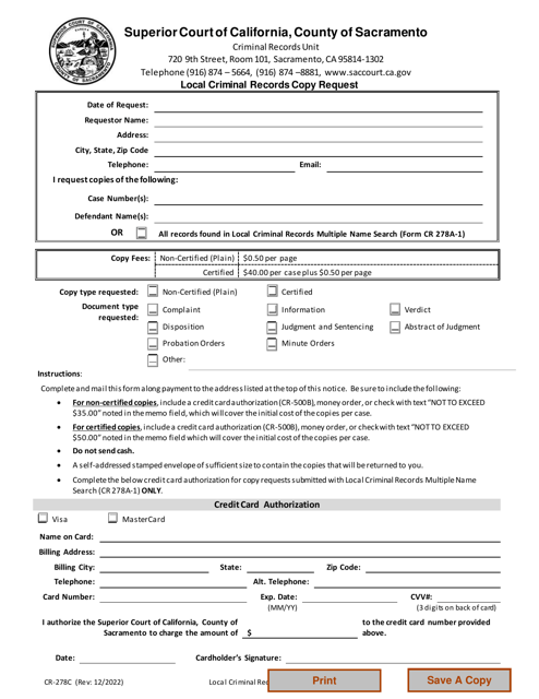 Form CR-278C Local Criminal Records Copy Request - County of Sacramento, California