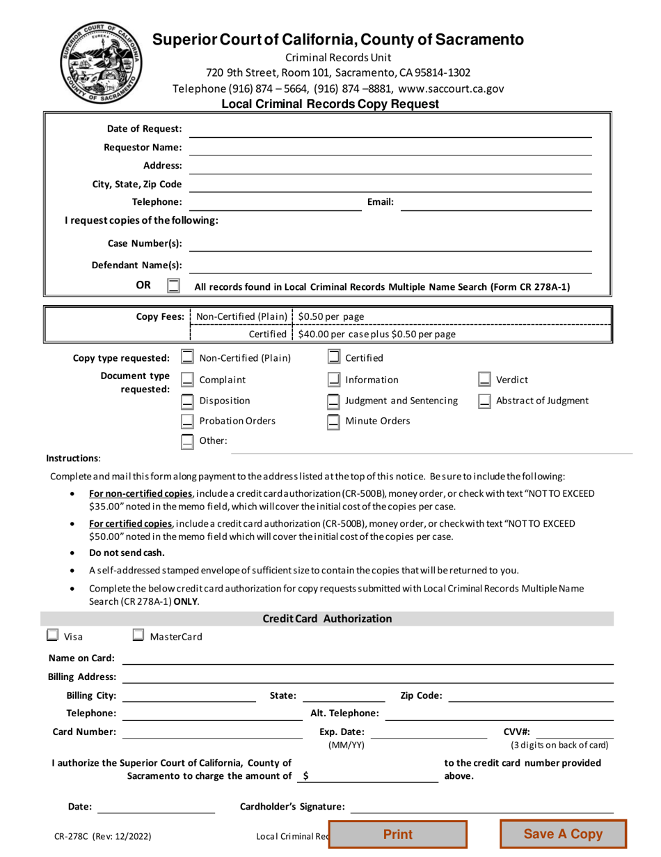 Form CR-278C Local Criminal Records Copy Request - County of Sacramento, California, Page 1