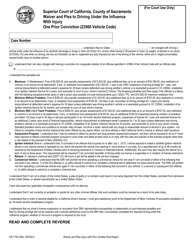 Form CR-170A Waiver and Plea to Driving Under the Influence With Injury One Prior Conviction (23560 Vehicle Code) - County of Sacramento, California