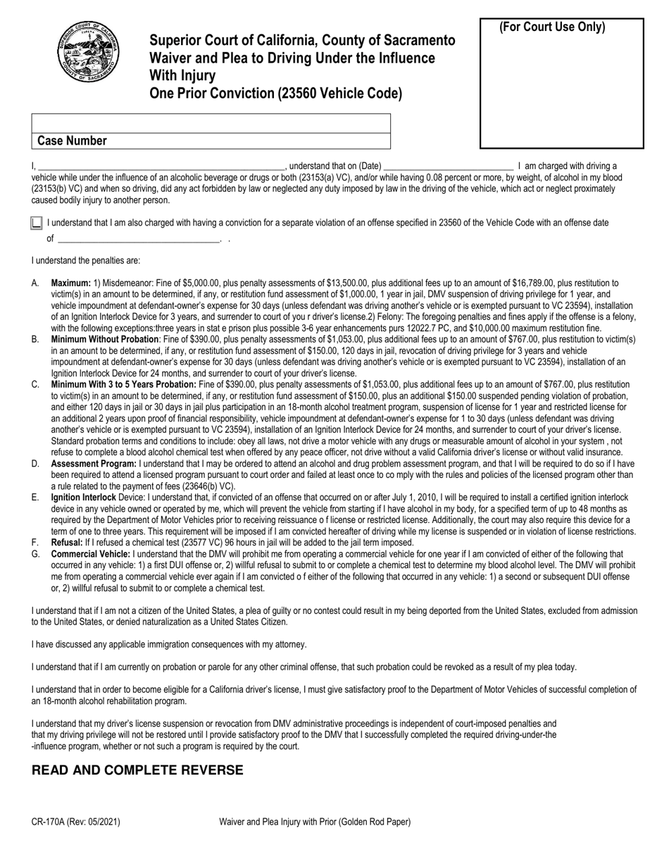 Form CR-170A Waiver and Plea to Driving Under the Influence With Injury One Prior Conviction (23560 Vehicle Code) - County of Sacramento, California, Page 1