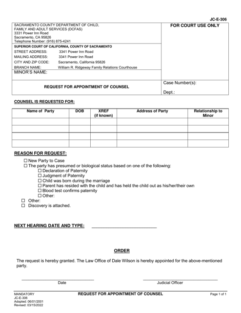 Form JC-E-306 Request for Appointment of Counsel - County of Sacramento, California
