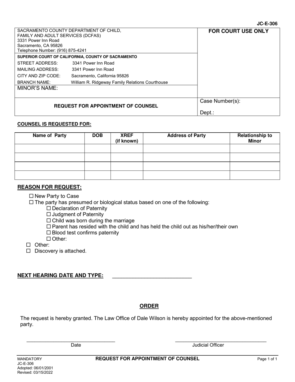 Form JC-E-306 Request for Appointment of Counsel - County of Sacramento, California, Page 1
