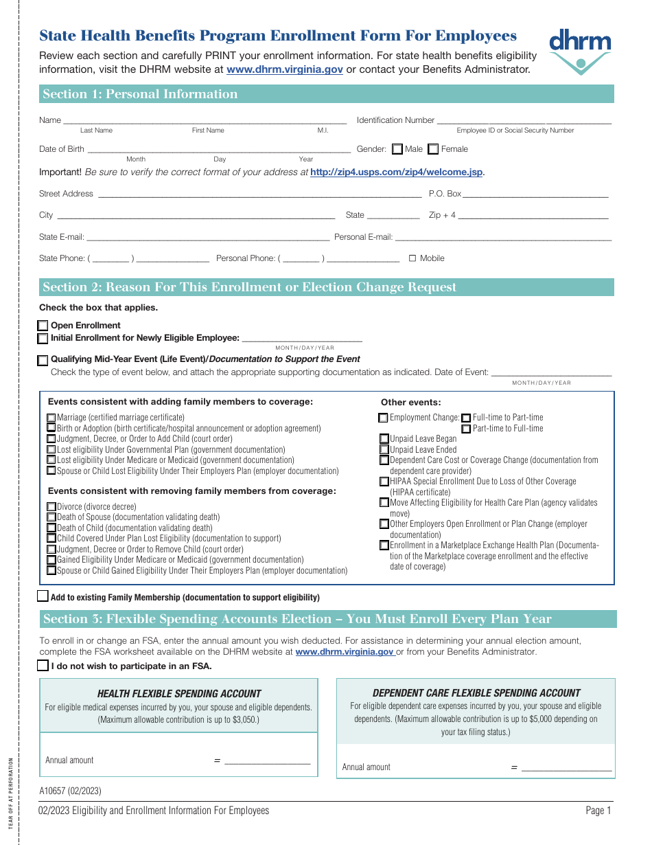 Form A10657 State Health Benefits Program Enrollment Form for Employees - Virginia, Page 3