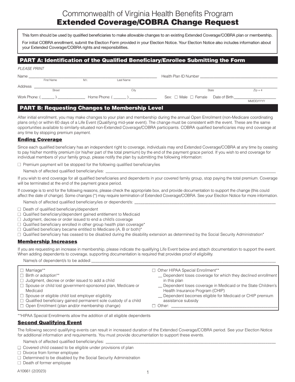 Form A10661 Extended Coverage / Cobra Change Request - Commonwealth of Virginia Health Benefits Program - Virginia, Page 1
