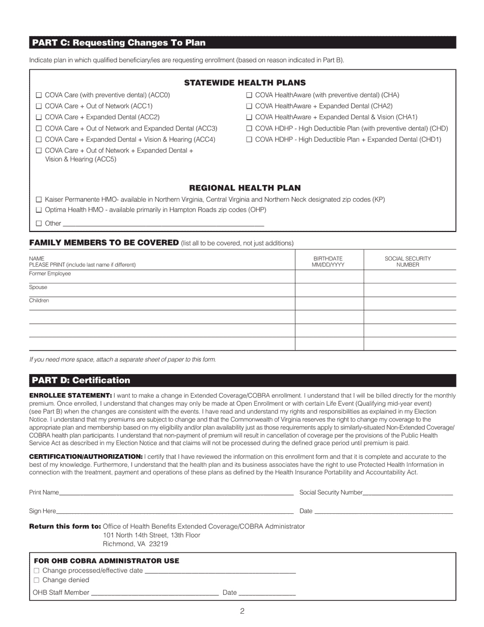 Form A10661 Extended Coverage / Cobra Change Request - Commonwealth of Virginia Health Benefits Program - Virginia, Page 2
