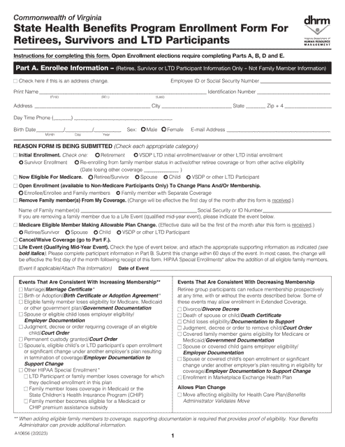 Form A10656 State Health Benefits Program Enrollment Form for Retirees, Survivors and Ltd Participants - Virginia