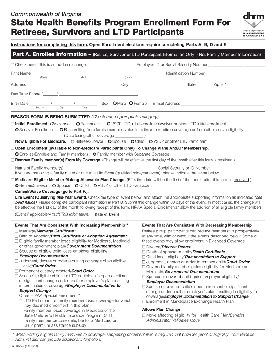 Form A10656 State Health Benefits Program Enrollment Form for Retirees, Survivors and Ltd Participants - Virginia, Page 1