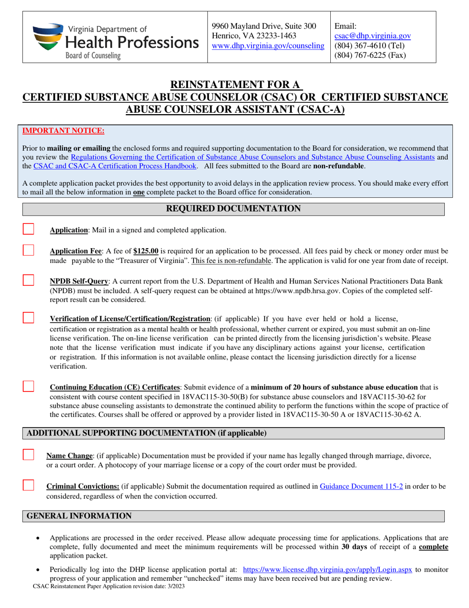 Reinstatement for a Certified Substance Abuse Counselor (Csac) or Certified Substance Abuse Counselor Assistant (Csac-A) - Virginia, Page 1