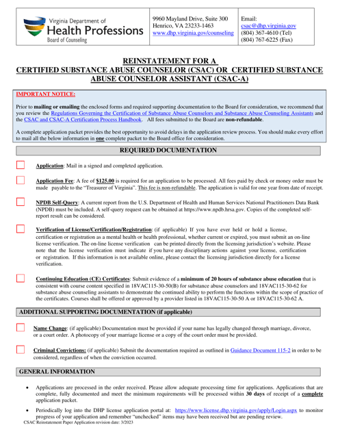 Reinstatement for a Certified Substance Abuse Counselor (Csac) or Certified Substance Abuse Counselor Assistant (Csac-A) - Virginia
