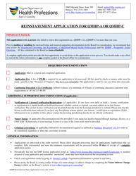Document preview: Reinstatement Application for Qmhp-A or Qmhp-C - Virginia