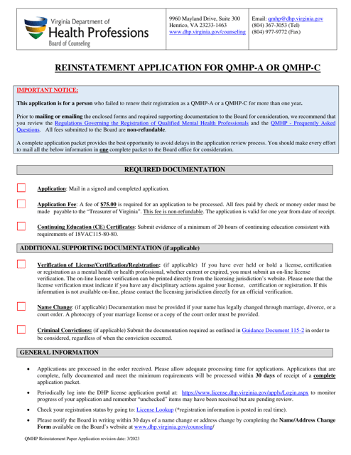 Reinstatement Application for Qmhp-A or Qmhp-C - Virginia Download Pdf