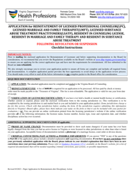 Document preview: Application for Reinstatement of Licensed Professional Counselor (Lpc), Licensed Marriage and Family Therapist (Lmft), Licensed Substance Abuse Treatment Practitioners (Lsatp), Resident in Counseling License, Resident in Marriage and Family Therapy and Resident in Substance Abuse Treatment Following Revocation or Suspension - Virginia