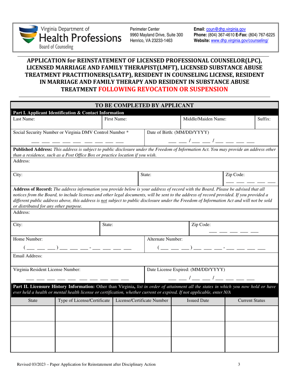 Application for Reinstatement of Licensed Professional Counselor (Lpc), Licensed Marriage and Family Therapist (Lmft), Licensed Substance Abuse Treatment Practitioners (Lsatp), Resident in Counseling License, Resident in Marriage and Family Therapy and Resident in Substance Abuse Treatment Following Revocation or Suspension - Virginia, Page 3