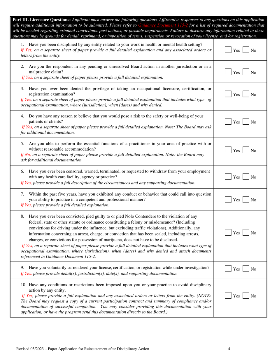 Application for Reinstatement of Licensed Professional Counselor (Lpc), Licensed Marriage and Family Therapist (Lmft), Licensed Substance Abuse Treatment Practitioners (Lsatp), Resident in Counseling License, Resident in Marriage and Family Therapy and Resident in Substance Abuse Treatment Following Revocation or Suspension - Virginia, Page 4