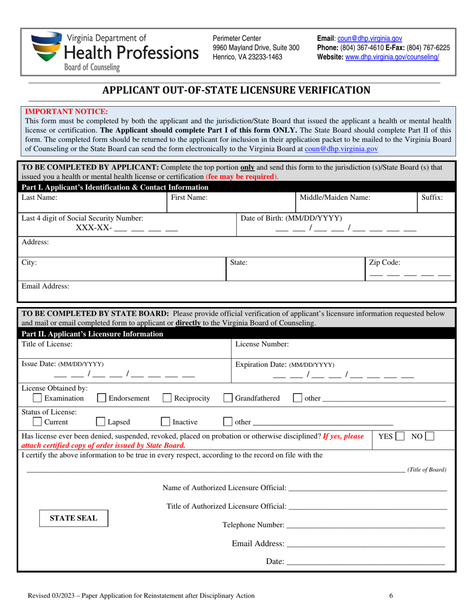 Application for Reinstatement of Licensed Professional Counselor (Lpc), Licensed Marriage and Family Therapist (Lmft), Licensed Substance Abuse Treatment Practitioners (Lsatp), Resident in Counseling License, Resident in Marriage and Family Therapy and Resident in Substance Abuse Treatment Following Revocation or Suspension - Virginia, Page 6