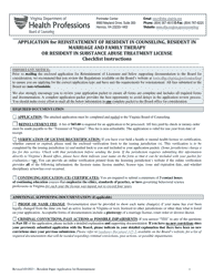 Document preview: Application for Reinstatement Application for Reinstatement of Resident in Counseling, Resident in Marriage and Family Therapy or Resident in Substance Abuse Treatment License - Virginia