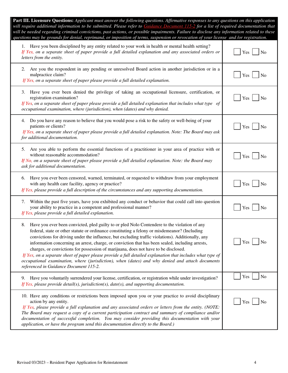Application for Reinstatement Application for Reinstatement of Resident in Counseling, Resident in Marriage and Family Therapy or Resident in Substance Abuse Treatment License - Virginia, Page 4