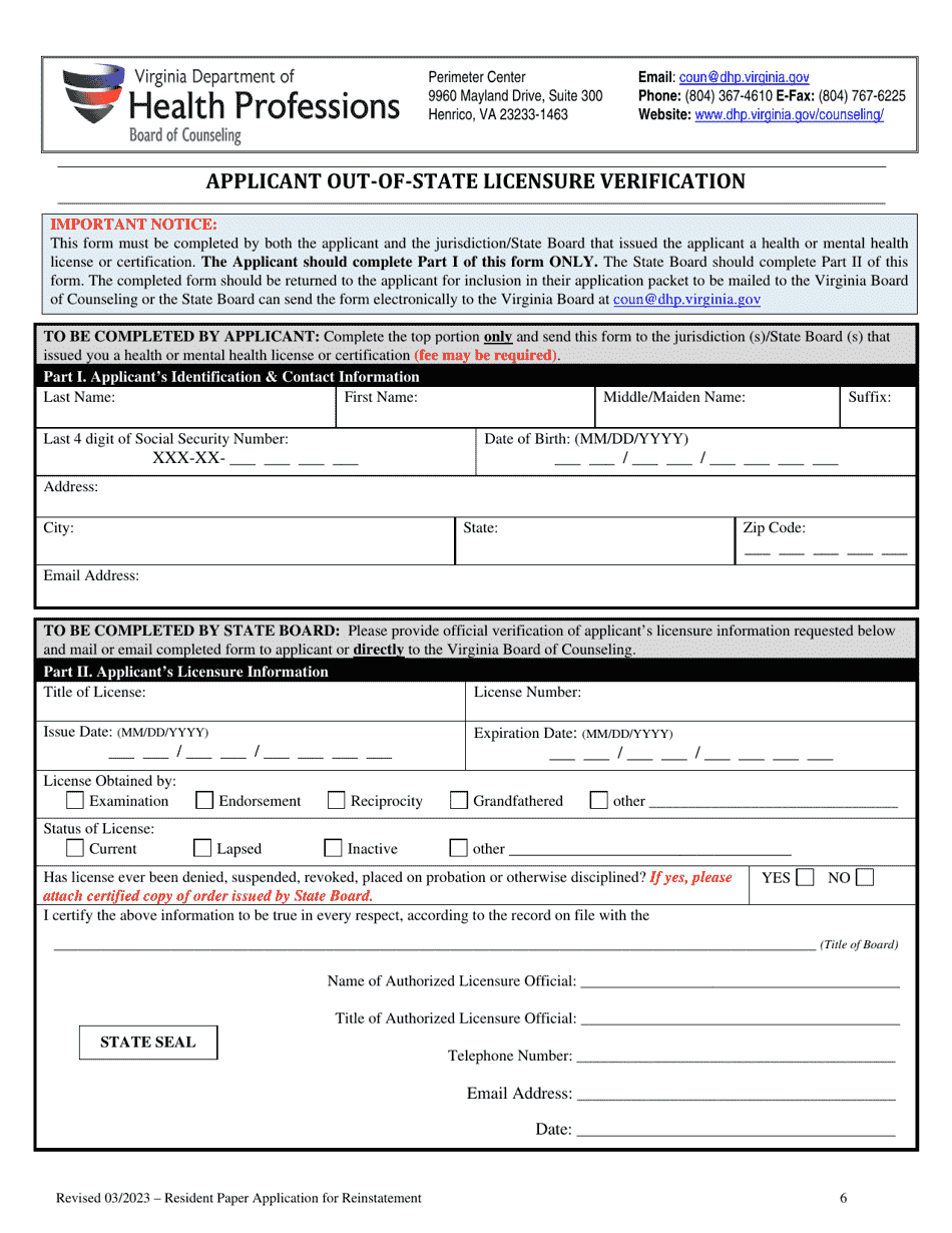 Application for Reinstatement Application for Reinstatement of Resident in Counseling, Resident in Marriage and Family Therapy or Resident in Substance Abuse Treatment License - Virginia, Page 6