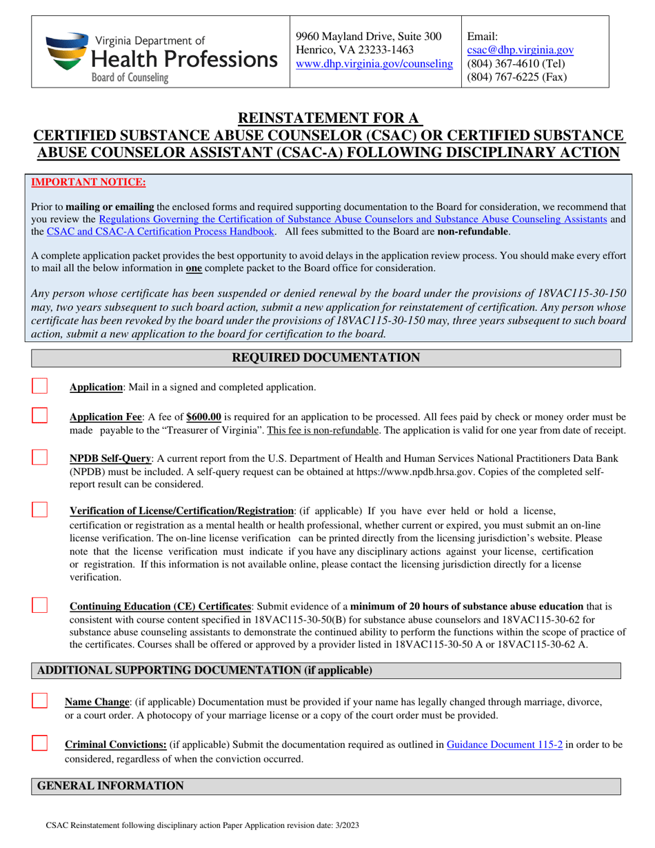 Reinstatement for a Certified Substance Abuse Counselor (Csac) or Certified Substance Abuse Counselor Assistant (Csac-A) Following Disciplinary Action - Virginia, Page 1