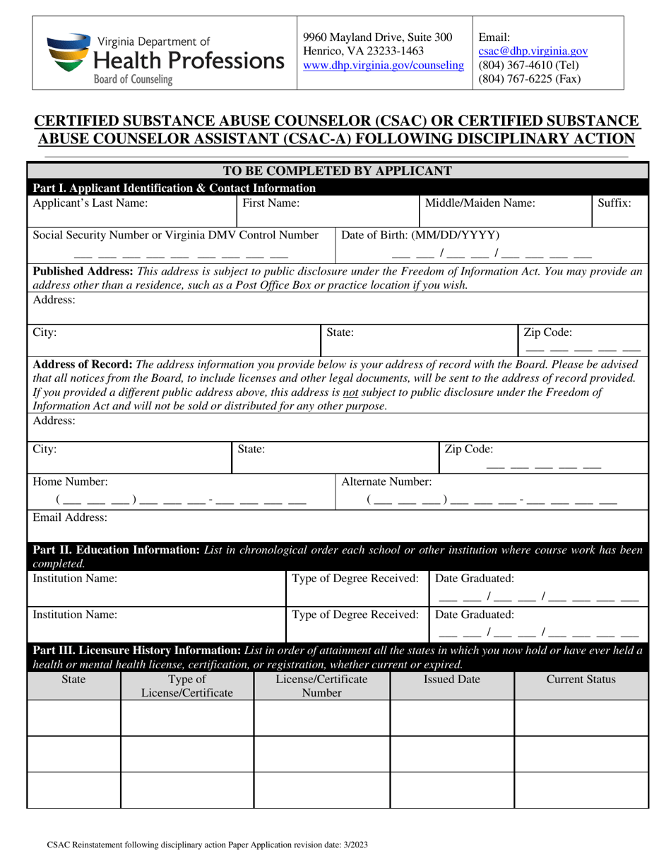 Reinstatement for a Certified Substance Abuse Counselor (Csac) or Certified Substance Abuse Counselor Assistant (Csac-A) Following Disciplinary Action - Virginia, Page 3