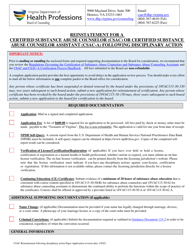Document preview: Reinstatement for a Certified Substance Abuse Counselor (Csac) or Certified Substance Abuse Counselor Assistant (Csac-A) Following Disciplinary Action - Virginia