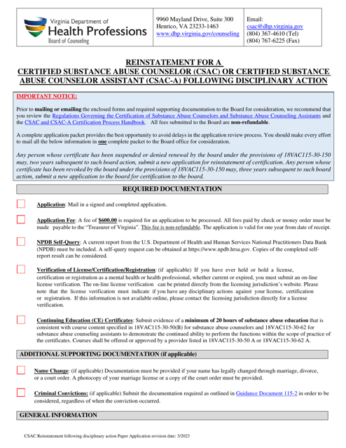 Reinstatement for a Certified Substance Abuse Counselor (Csac) or Certified Substance Abuse Counselor Assistant (Csac-A) Following Disciplinary Action - Virginia Download Pdf