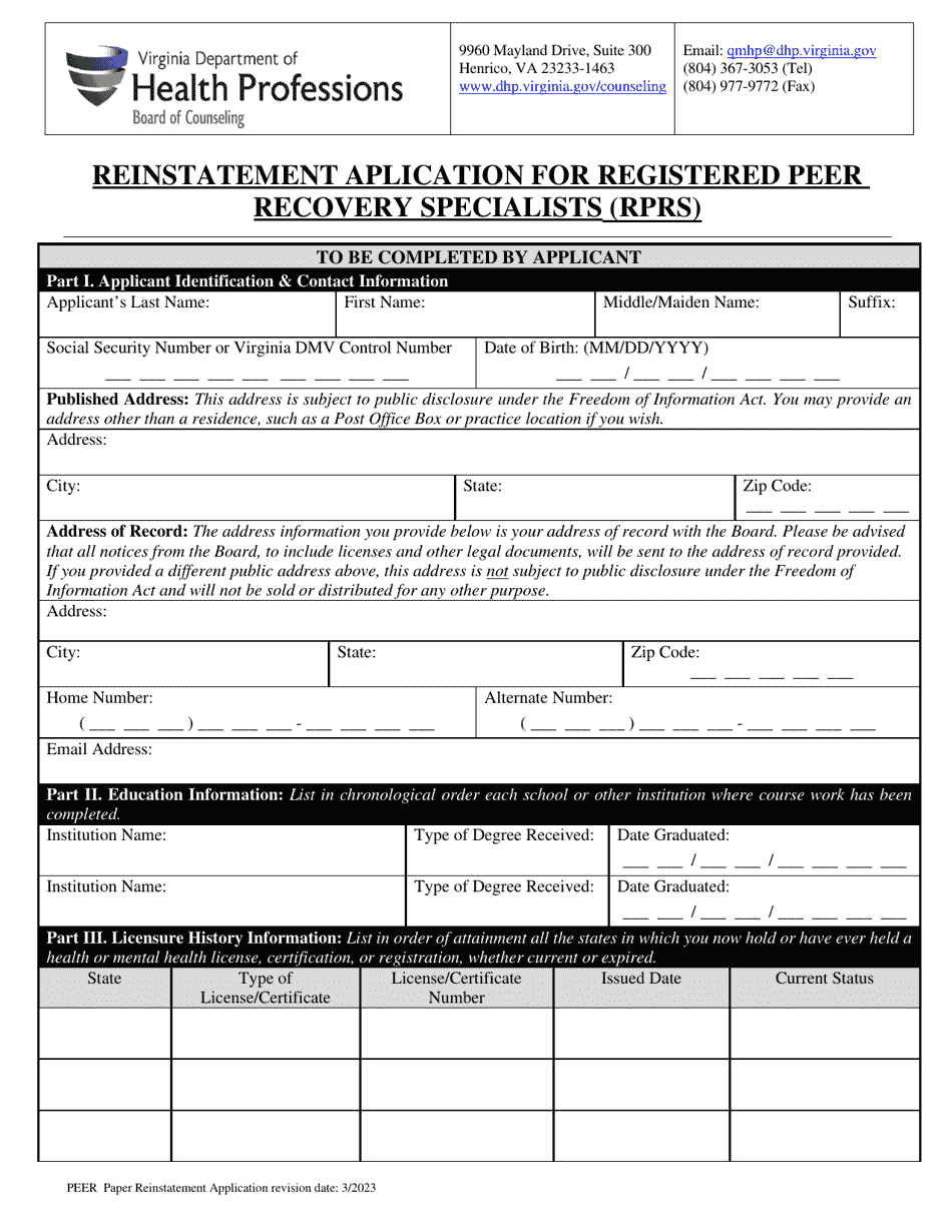 Reinstatement Aplication for Registered Peer Recovery Specialists (Rprs) - Virginia, Page 3