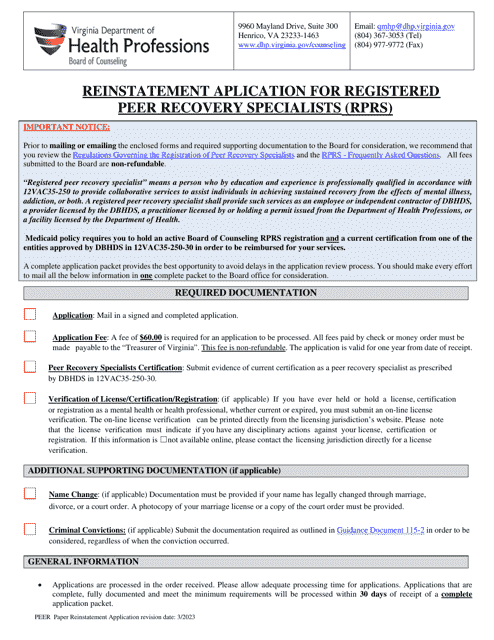 Reinstatement Aplication for Registered Peer Recovery Specialists (Rprs) - Virginia Download Pdf