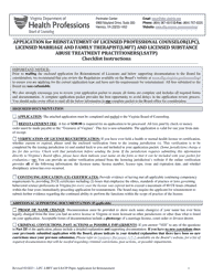 Document preview: Application for Reinstatement of Licensed Professional Counselor (Lpc) , Licensed Marriage and Family Therapist (Lmft) and Licensed Substance Abuse Treatment Practitioners (Lsatp) - Virginia