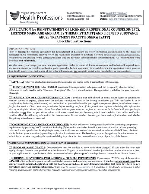 Application for Reinstatement of Licensed Professional Counselor (Lpc) , Licensed Marriage and Family Therapist (Lmft) and Licensed Substance Abuse Treatment Practitioners (Lsatp) - Virginia Download Pdf