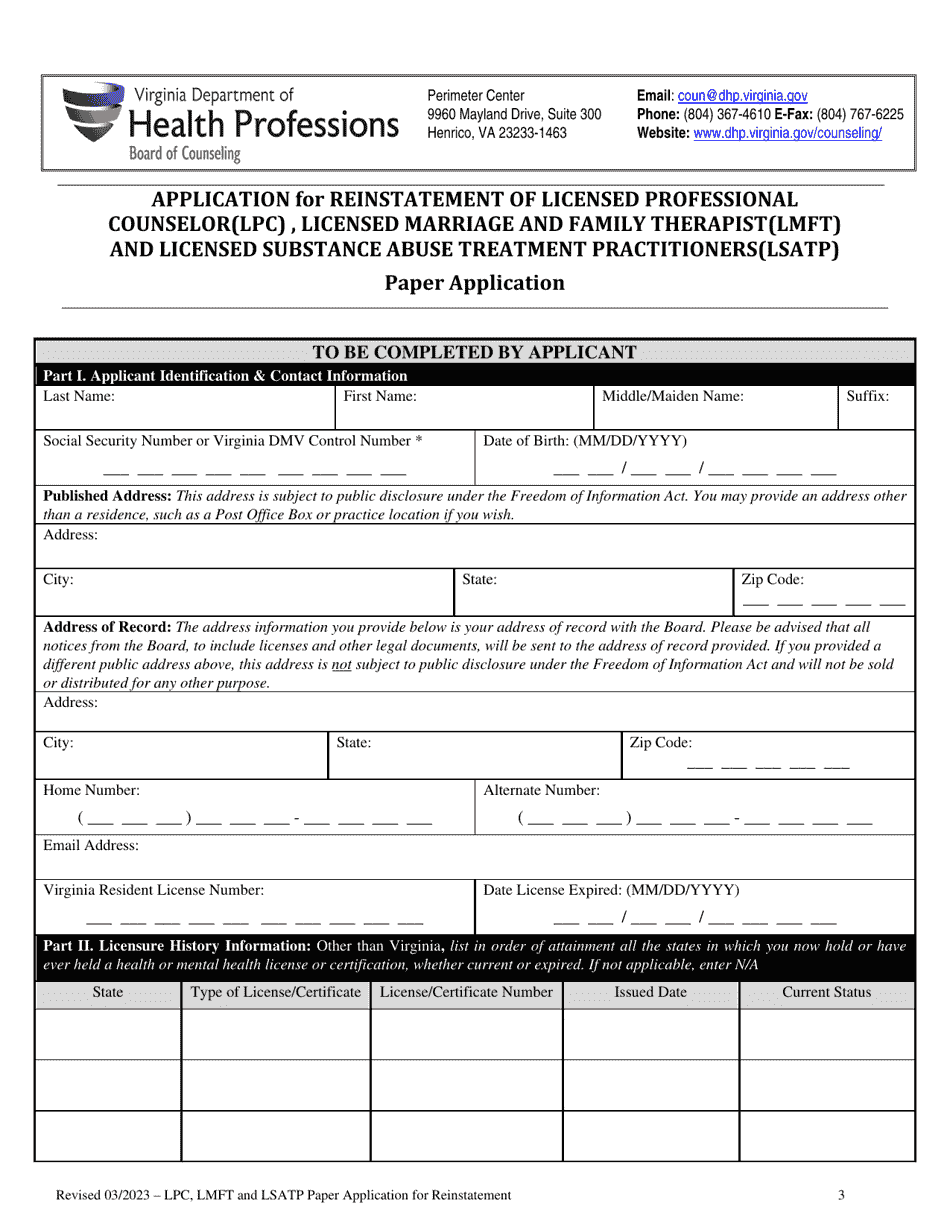 Application for Reinstatement of Licensed Professional Counselor (Lpc) , Licensed Marriage and Family Therapist (Lmft) and Licensed Substance Abuse Treatment Practitioners (Lsatp) - Virginia, Page 3