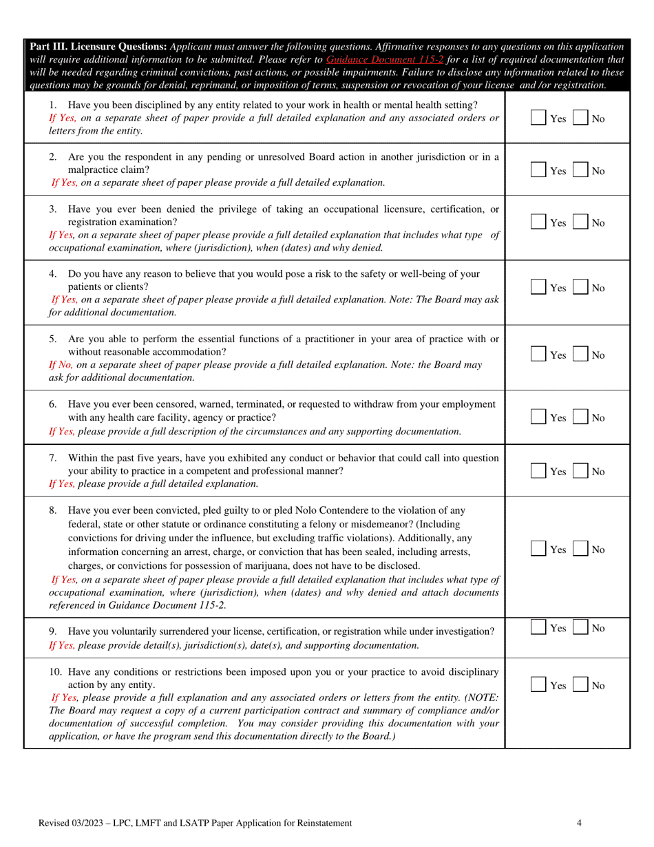Application for Reinstatement of Licensed Professional Counselor (Lpc) , Licensed Marriage and Family Therapist (Lmft) and Licensed Substance Abuse Treatment Practitioners (Lsatp) - Virginia, Page 4