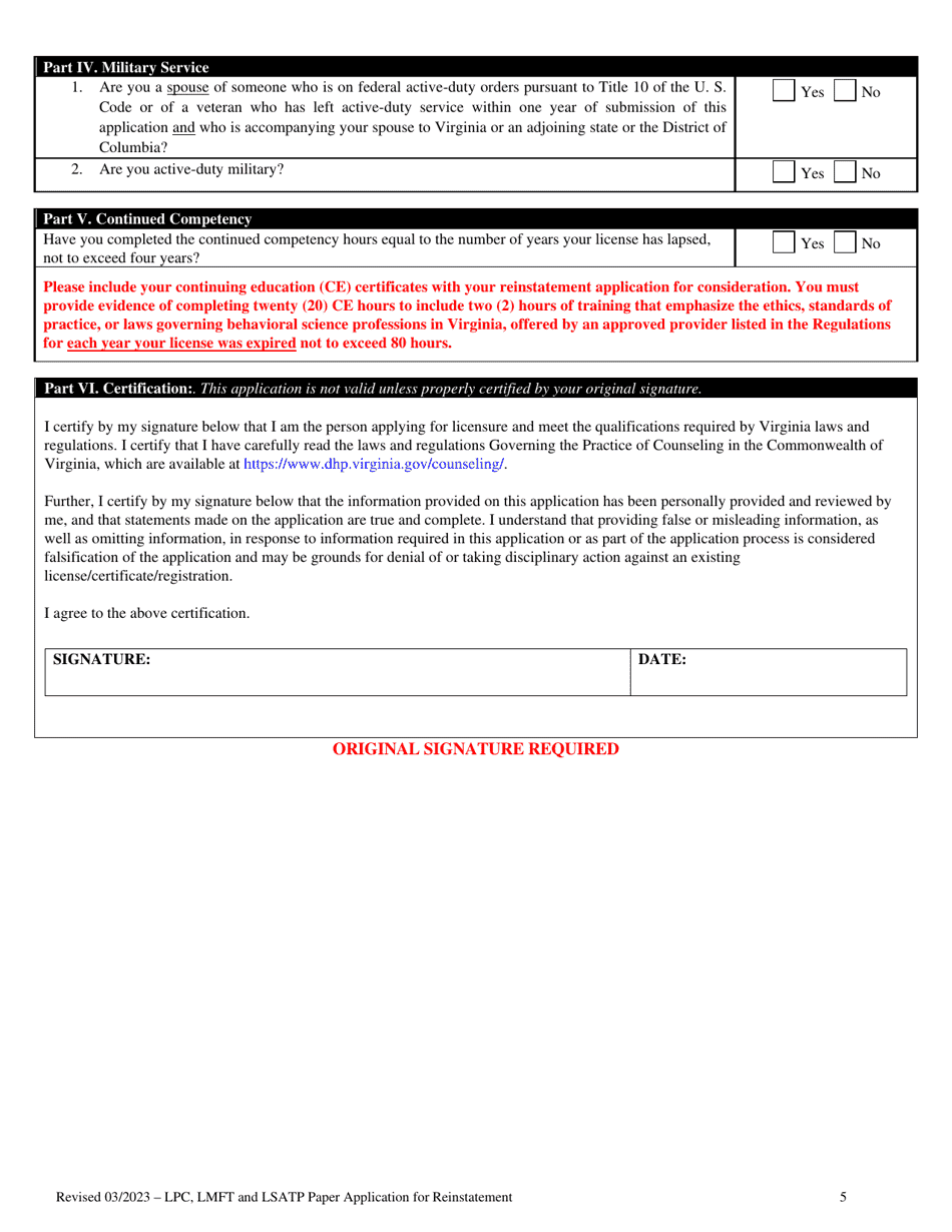 Application for Reinstatement of Licensed Professional Counselor (Lpc) , Licensed Marriage and Family Therapist (Lmft) and Licensed Substance Abuse Treatment Practitioners (Lsatp) - Virginia, Page 5