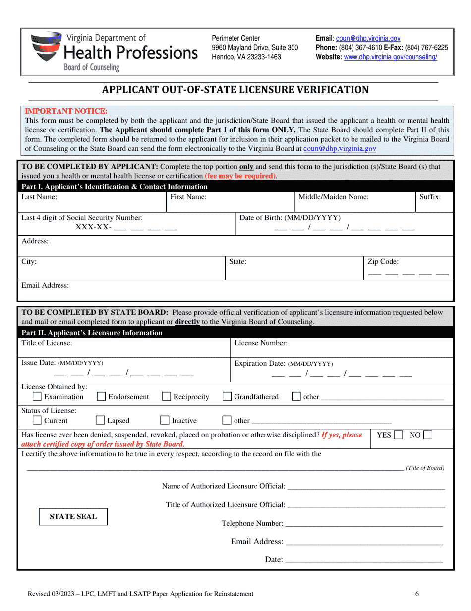 Application for Reinstatement of Licensed Professional Counselor (Lpc) , Licensed Marriage and Family Therapist (Lmft) and Licensed Substance Abuse Treatment Practitioners (Lsatp) - Virginia, Page 6