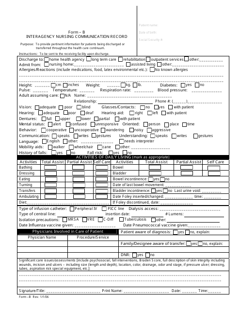 Form B Interagency Nursing Communication Record - Delaware