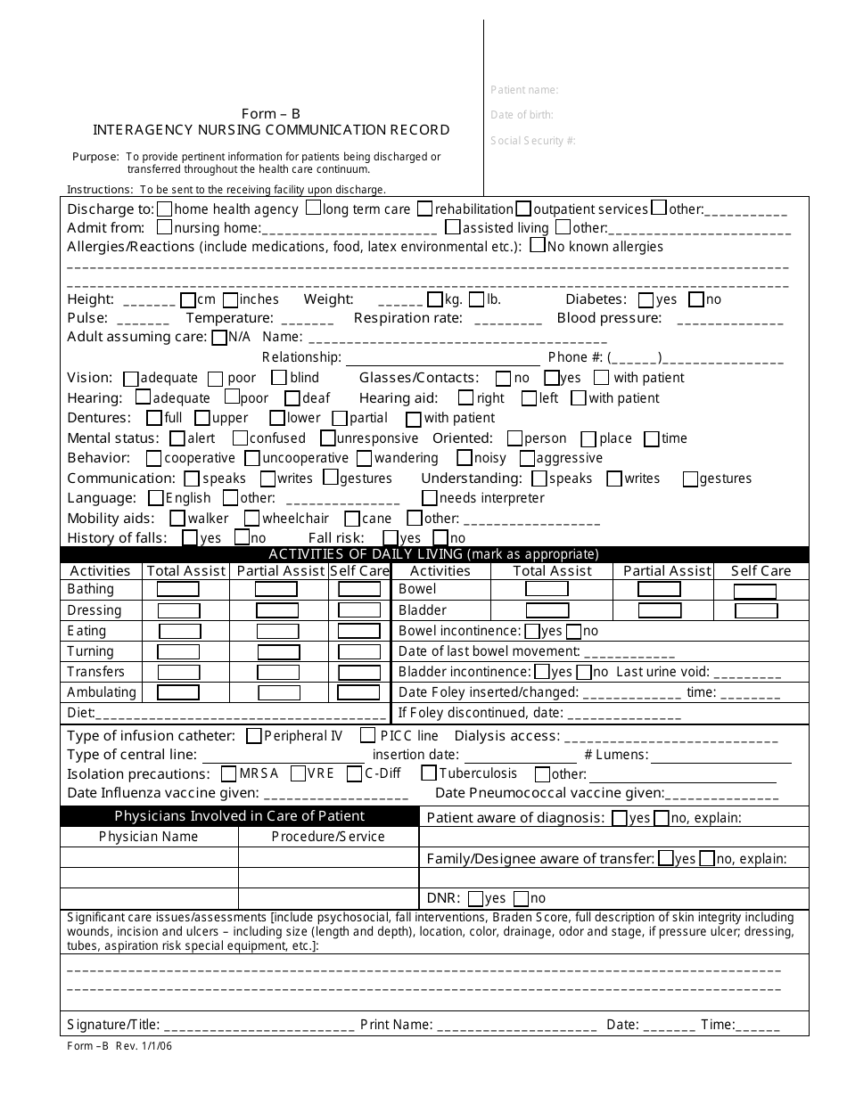 Form B Interagency Nursing Communication Record - Delaware, Page 1