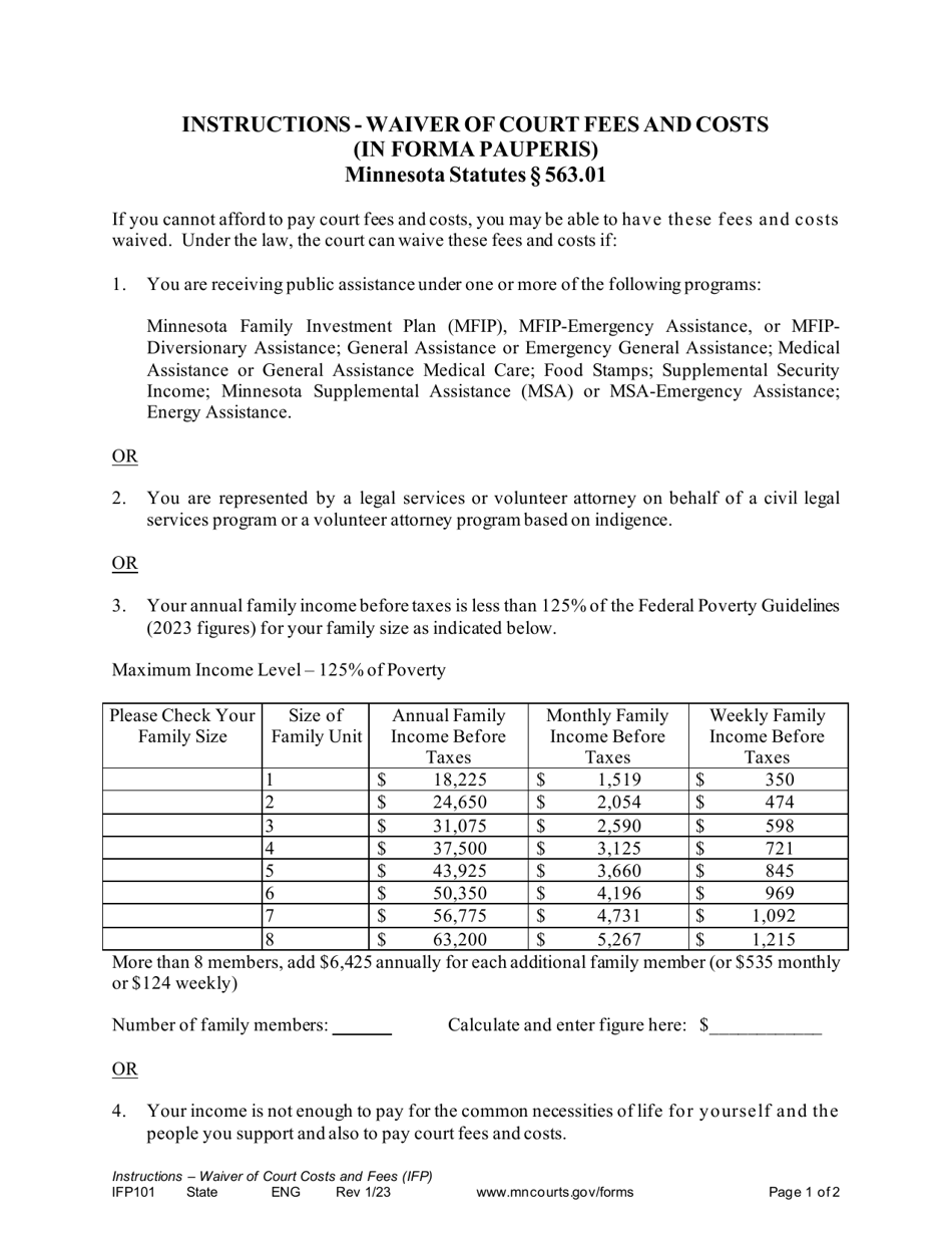 Form IFP101 Instructions - Waiver of Court Fees and Costs (In Forma Pauperis) - Minnesota, Page 1