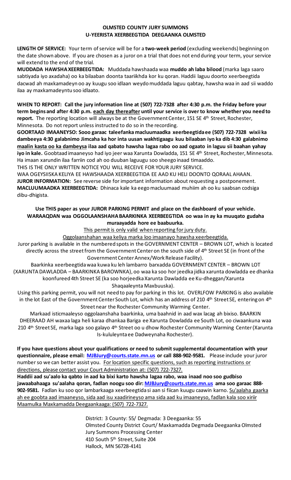 Summons and Qualification Questionnaire - Olmsted County - Minnesota (English / Somali), Page 2