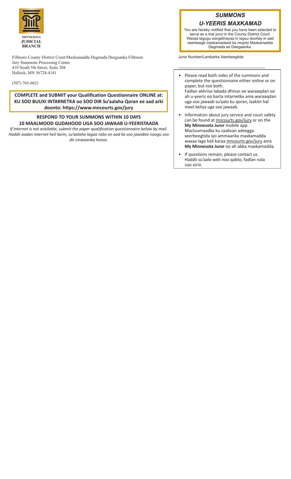 Summons and Qualification Questionnaire - Fillmore County - Minnesota (English / Somali), Page 1