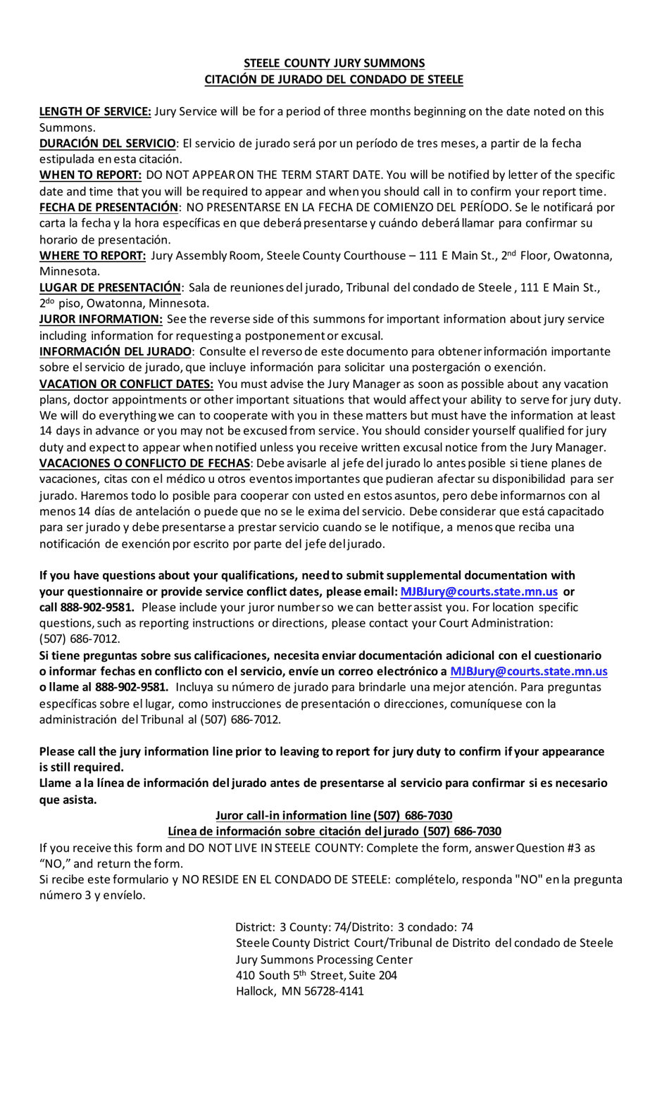 Summons and Qualification Questionnaire - Steele County - Minnesota (English / Spanish), Page 2