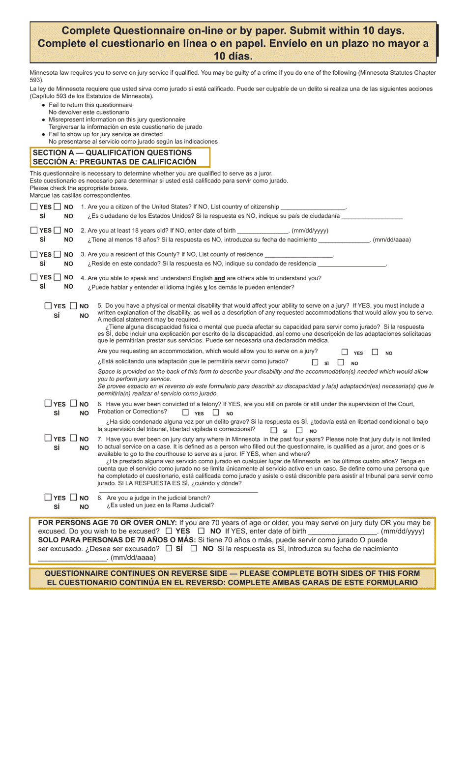 Summons and Qualification Questionnaire - Steele County - Minnesota (English / Spanish), Page 3