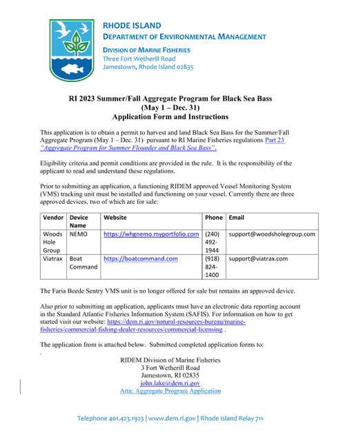 Summer / Fall Aggregate Program for Black Sea Bass Application Form - Rhode Island Download Pdf