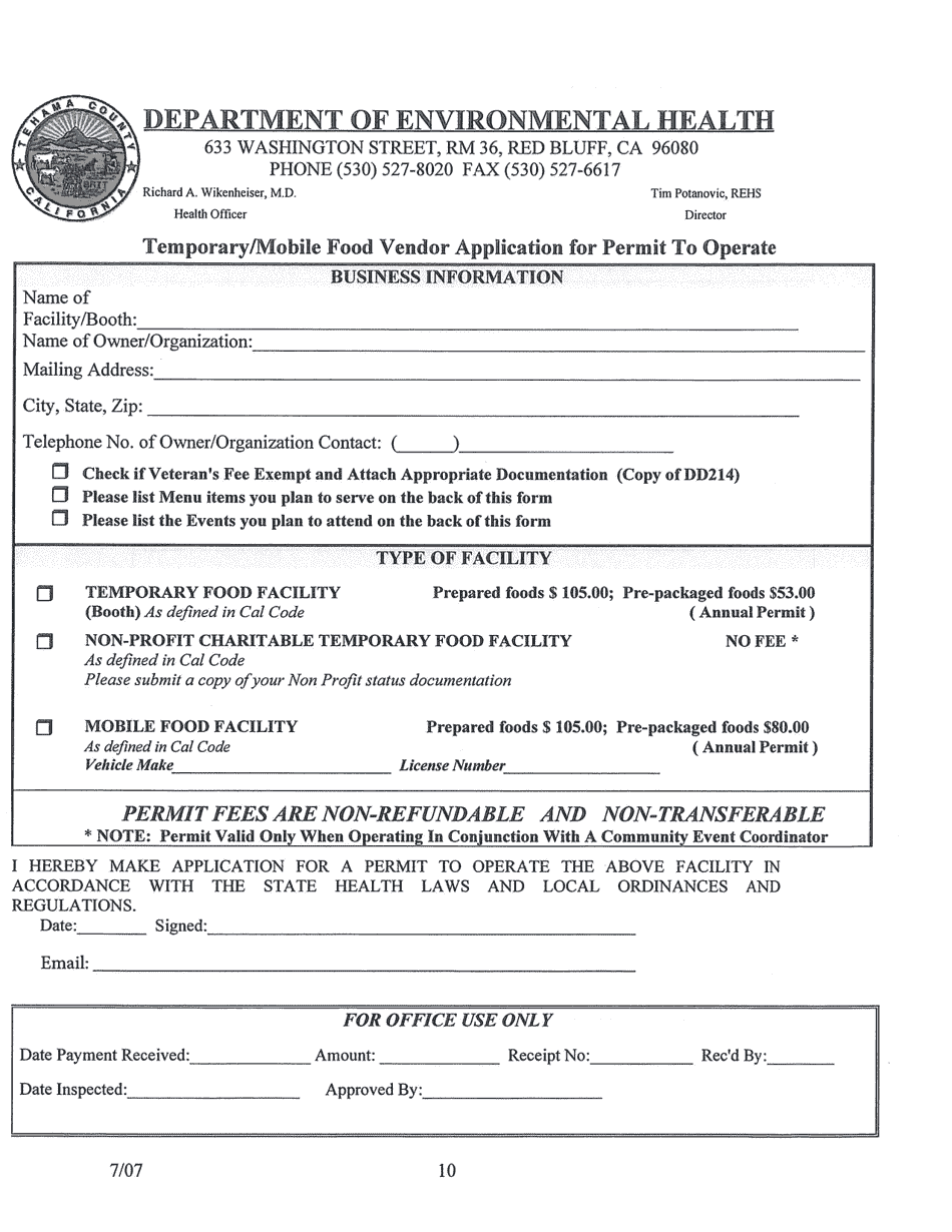 Temporary / Mobile Food Vendor Application for Permit to Operate - Tehama County, California, Page 1